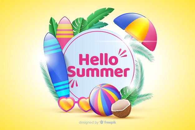 Realistic summer elements surrounding sign background