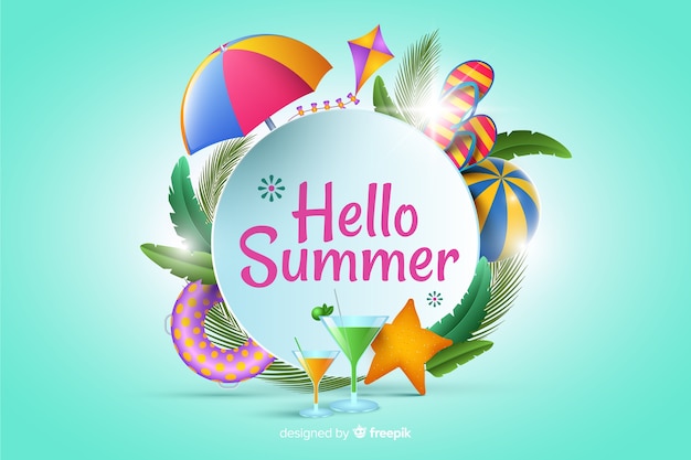 Realistic summer elements surrounding sign background
