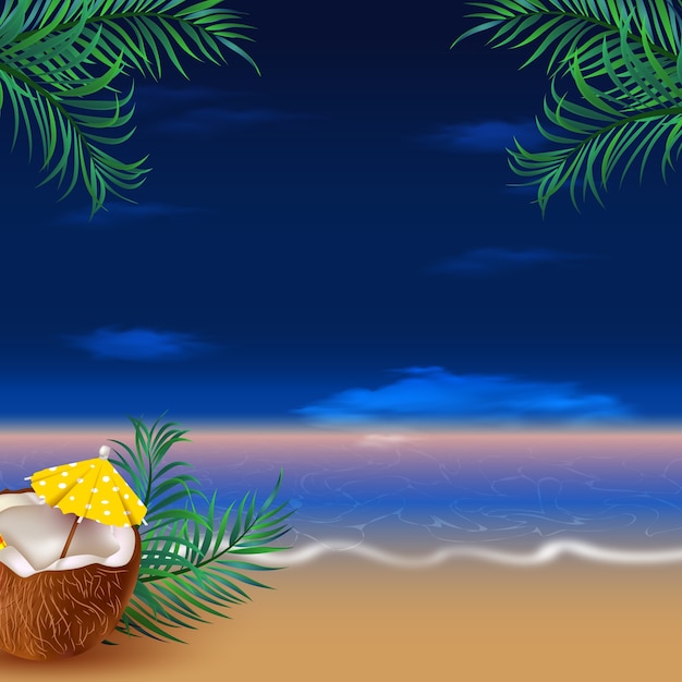 Реалистичная летняя ночная иллюстрация с пляжем и кокосовым коктейлем