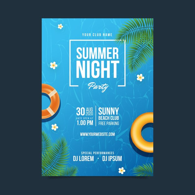 수영장이 있는 현실적인 여름 밤 파티 포스터 템플릿