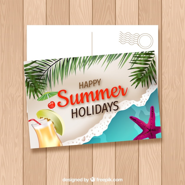 Vettore gratuito modello postale estate realistica con spiaggia