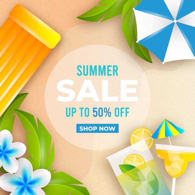 Realistic summer sale with beach and cocktail