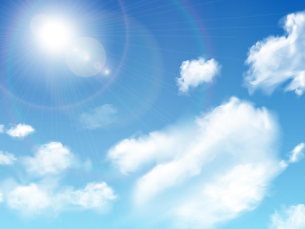 Realistic sun cloud sky composition with day of clear sky scenery with clouds and sun flares vector illustration