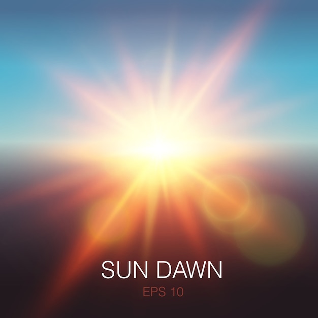 Realistic sun dawn beams of orange color and lens flares on blue sky