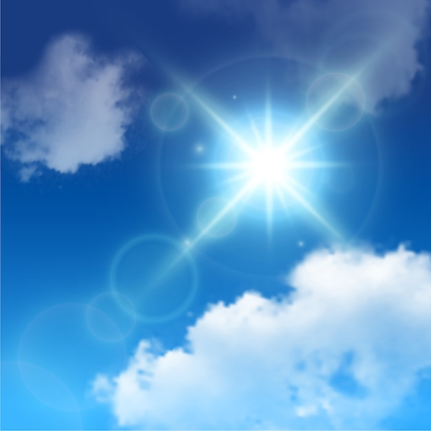 Realistic sun lens flares among white clouds on blue sky