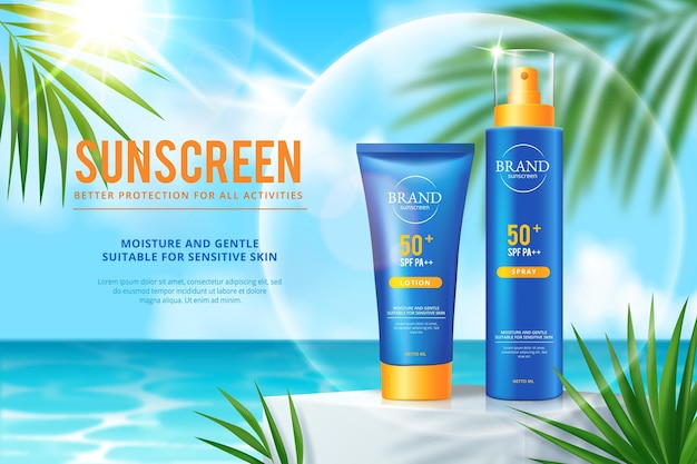 Realistic sunscreen ad in tropical environment