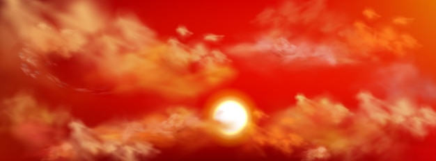 Бесплатное векторное изображение Реалистичное закатное небо с солнцем и пушистыми облаками