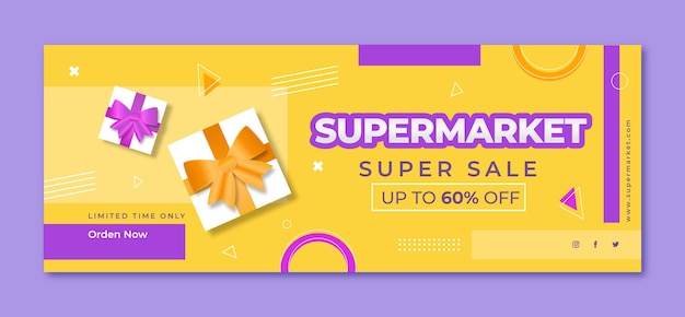 Realistic supermarket facebook cover with discount