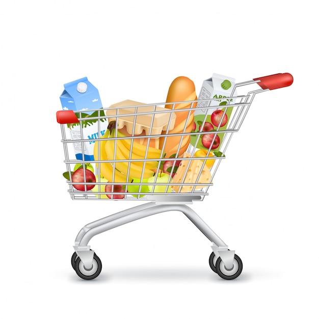 Realistic supermarket trolley full of items