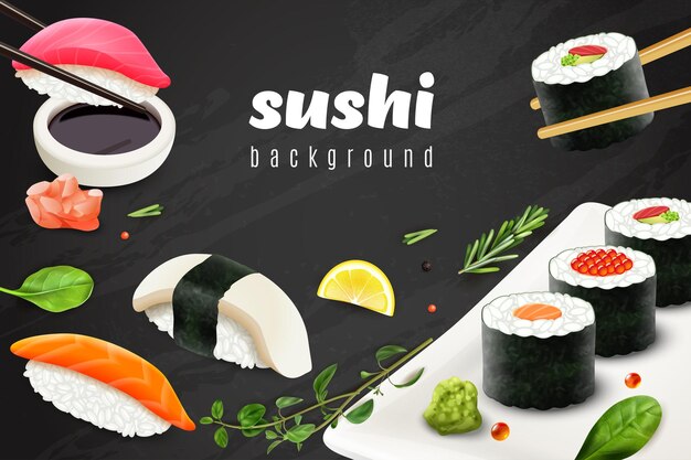 Realistic sushi background with Japanese food restaurant symbols  illustration