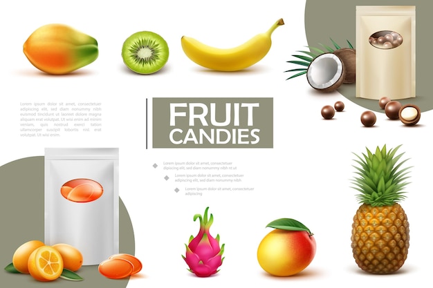 Realistic sweet fruit candies composition with bags of chocolate balls and bonbons papaya kiwi banana coconut pineapple mango kumquat dragon fruits  illustration