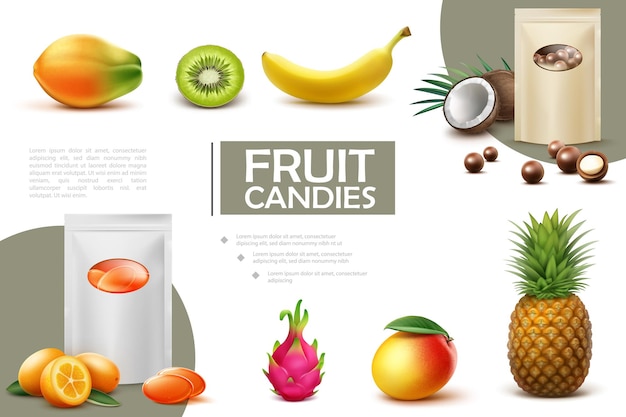 Реалистичная композиция из сладких фруктовых конфет с пакетами шоколадных шариков и конфет папайя, киви, банан, кокос, ананас, манго, кумкват, дракон, фрукты, иллюстрация
