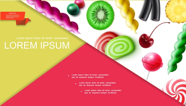 Бесплатное векторное изображение Реалистичная композиция из сладких продуктов с вишневым киви, кусочками ананаса, фруктовыми конфетами, десенами, леденцами, мармеладом, лакричником