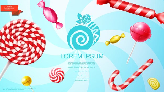 Realistic sweet products template with colorful lollipops bonbons marmalade candy cane on radial background  illustration