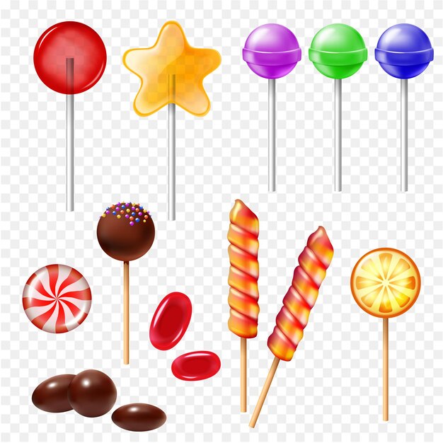Realistic sweets set with isolated images of lollipop sweets with colorful sticks candies on transparent background vector illustration