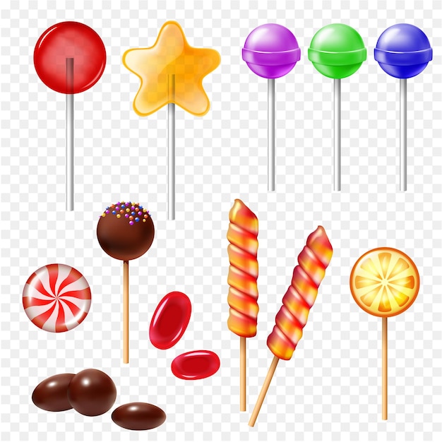 Реалистичные сладости с изолированными изображениями леденцов с разноцветными палочками на прозрачном фоне векторной иллюстрации