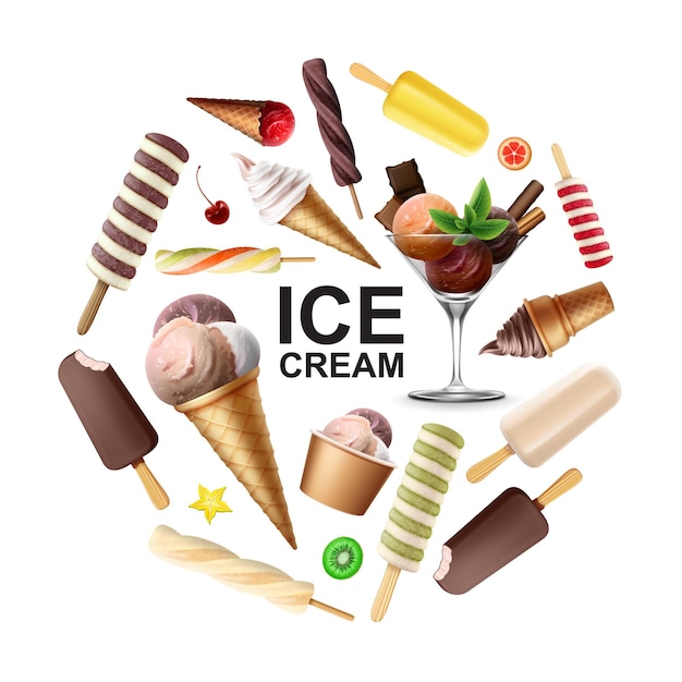 Реалистичная круглая концепция вкусного мороженого с мороженым во фруктовой шоколадной ванильной глазури, красочные совки, листья мяты в изолированном стекле