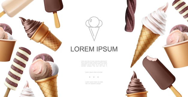 Realistic tasty icecream template with popsicle chocolate vanilla creamy and glaze ice cream scoops of different flavors