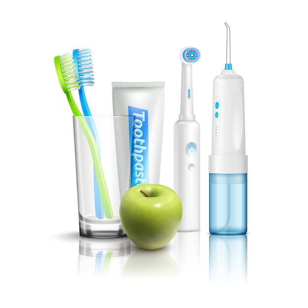 물 치약 전기 및 수동 칫솔 튜브 치약과 녹색 사과 벡터 일러스트와 함께 현실적인 치아 관리 구성