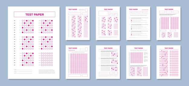 Realistic test paper answers set with red colored sheets of solved exam tests with correct marks vector illustration