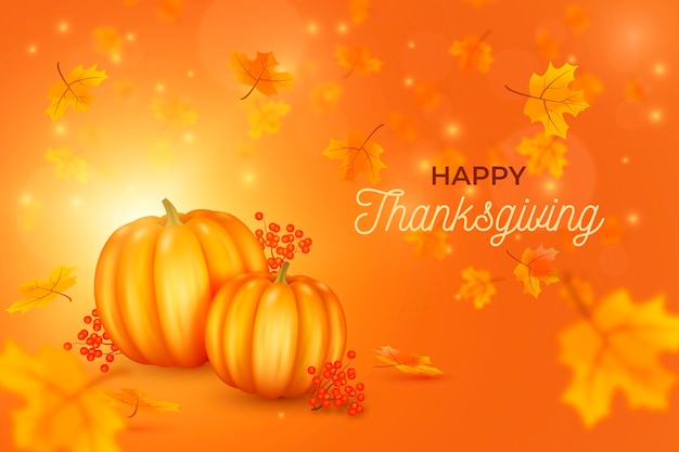 Realistic thanksgiving background with pumpkins and leaves