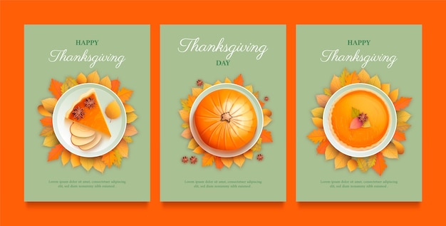 Realistic thanksgiving celebration greeting cards set