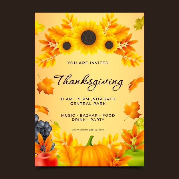 Realistic thanksgiving celebration invitation template