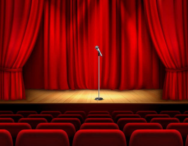 Реалистичная театральная сцена с деревянным полом и микрофоном с красной шторкой и сидениями для зрителей