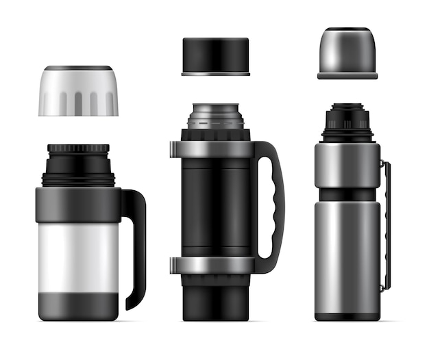 Free vector realistic thermos cup icon set three thermoses of different sizes with opening lids vector illustration