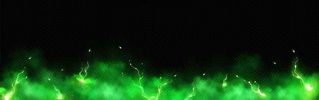 Бесплатное векторное изображение Реалистичный свет грома и зеленое облако дыма, нижняя рамка. таинственная граница свечения молнии, широкий панорамный элемент. пушистое магическое заклинание, туман, светящийся с наложением заряда энергии болта, бирюзовый дизайн.