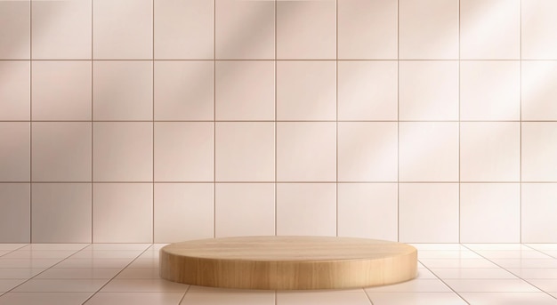 Vettore gratuito sfondo piastrellato realistico con podio rotondo in legno illustrazione vettoriale della piattaforma in rovere naturale per la presentazione di prodotti di bellezza accessorio per l'interior design parete e pavimento del bagno beige moderno