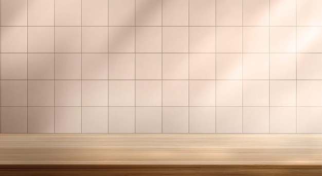 무료 벡터 나무 선반과 그림자가 있는 현실적인 타일 주방 또는 욕실 벽 요리용 미용 제품 프레젠테이션 플랫폼 트렌디한 베이지색 인테리어 요소를 위한 천연 참나무 테이블 상단의 벡터 그림