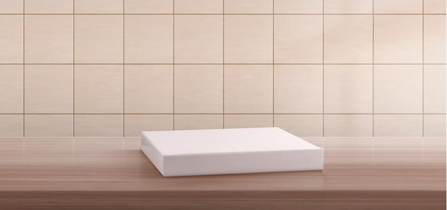 木製の棚に現実的なタイル張りの壁の白い石鹸箱自然なオーク材ベージュのバスルームのインテリアで作られた美容製品デモンストレーションキッチンテーブル用のプラスチック製の表彰台モックアップのベクトルイラスト