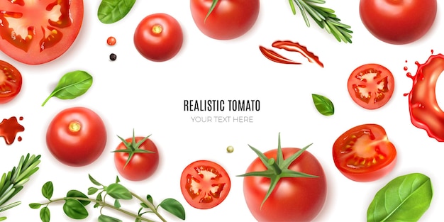 孤立した熟した野菜と緑に囲まれた編集可能なテキストを持つリアルなトマトのフレームの背景