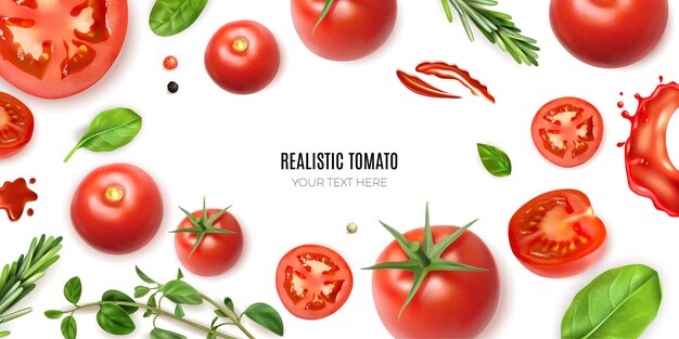 격리 된 익은 야채와 채소로 둘러싸인 편집 가능한 텍스트와 현실적인 토마토 프레임 배경