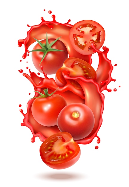 Realistic tomato juice splash composition with slices and whole fruits of tomato with liquid juice splashes