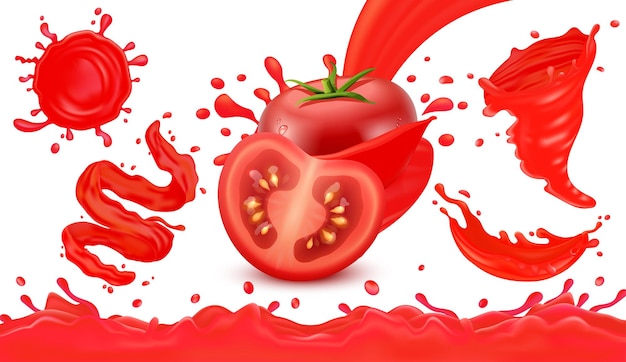 Free vector realistic tomato juice splashes and whole ripe vegetable on white background vector illustration