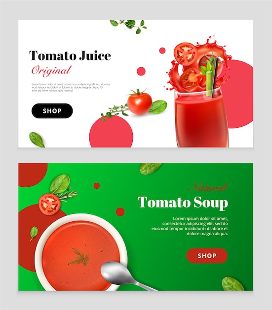 Realistic tomato set of two horizontal banners with dishes