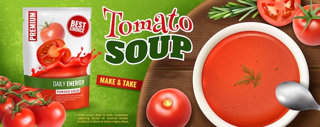 Vettore gratuito realistica pubblicità di zuppa di pomodoro con confezione firmata e tavola di legno con piastra riempita di zuppa