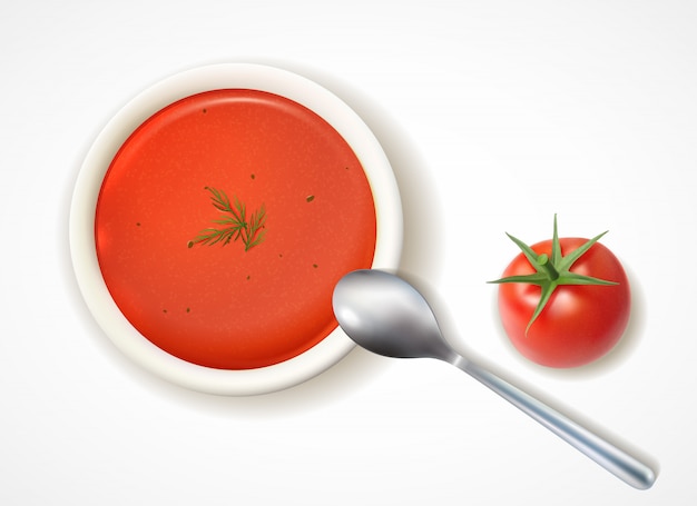 Realistic tomato soup composition with top view of table plate and spoon with ripe tomato fruit