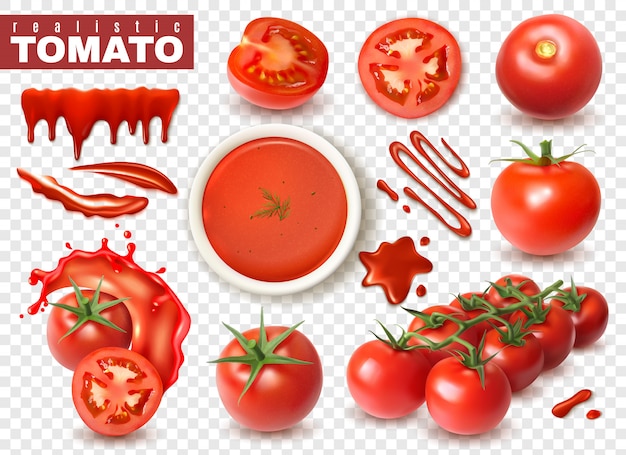 Realistic tomato on transparent  set with isolated images of whole fruits slices splashes of juice