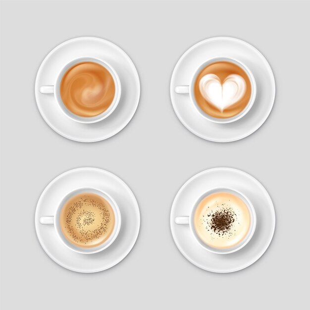 Realistic top view set with coffee in cups on saucers isolated 