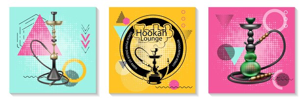 Realistic traditional hookah cards set with classic hookahs of different shapes on trendy geometrics illustration