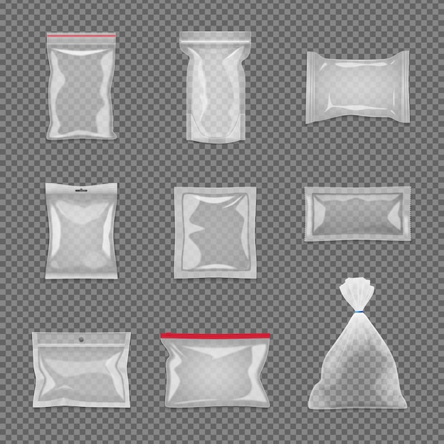 Realistic transparent package set in different shape isolated