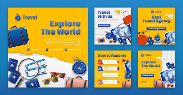 Free vector realistic travel agency instagram posts collection