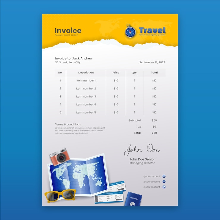 Free Vector realistic travel agency invoice template