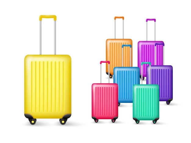 Realistic travel luggage collection. Plastic bag in different colors isolated illustration.