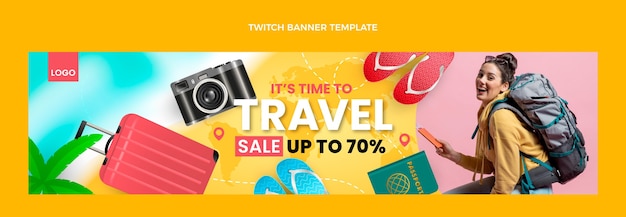 Realistic travel twitch banner with discount