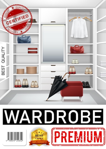 Free vector realistic trendy wardrobe room poster with closet full of shelves hangers drawers shirt umbrella bags shoes mirror stool boxes for accessories