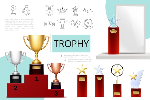 Realistic trophies composition with gold silver bronze cups on pedestal star trophies and award linear icons